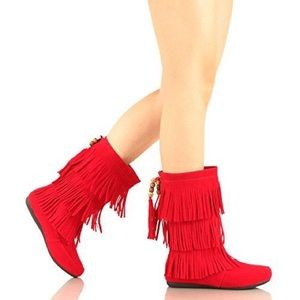 NWT Red Western Fringe Moccasin Faux Suede Boots